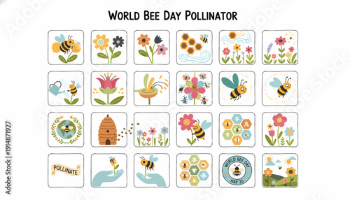 World Bee Day Pollinator Icons: Bees, Flowers, Honeycomb, Nature