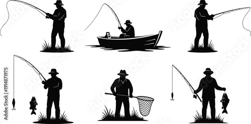 WebFisherman silhouette set, man fishing in boat, holding net, catching fish with rod, outdoor hobby, recreation, lake adventure, sport fishing.