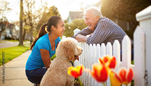 friendly neighbors chatting over a white picket fence with cheerful dog in suburban street during a sunny day, walking dogs at spring