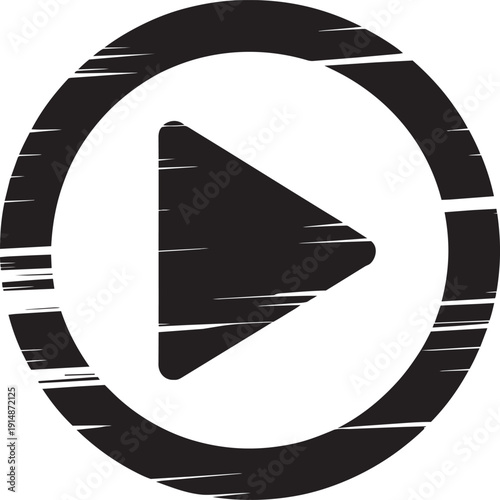 Black play button icon with distressed and grunge effect on transparent background