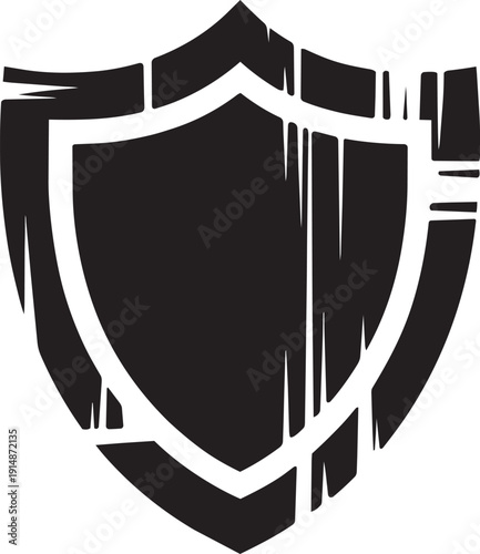 Black shield icon with distressed and grunge effect on transparent background