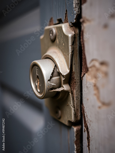 Broken Door Lock Close Up - A close-up shot of a broken door lock with a damaged door