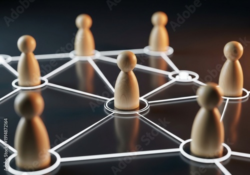 Wooden peg dolls connected by glowing network lines on dark background, business networking and teamwork concept.