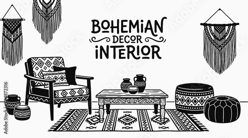 bohemian furniture interior decoration design in back and white home living room space with artistic sofa table chair lighting decor comfort residential architecture