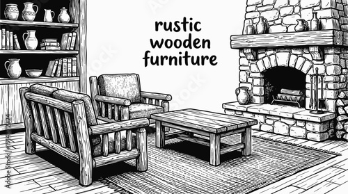 rustic wooden furniture interior decoration design in cozy home living room space with natural sofa table chair lighting decor comfort residential architecture