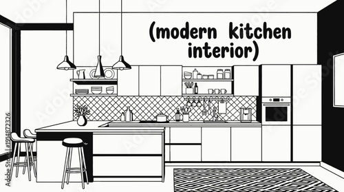 modern kitchen furniture interior decoration design in stylish home apartment space with cabinet table chair lighting decor comfort residential