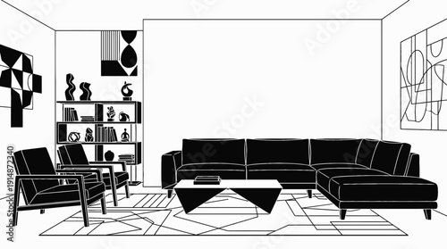 minimalist apartment furniture interior decoration design in modern home living room space with simple sofa table chair lighting decor comfort