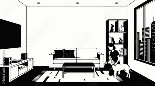 minimalist apartment furniture interior decoration design in modern home living room space with simple sofa table chair lighting decor comfort