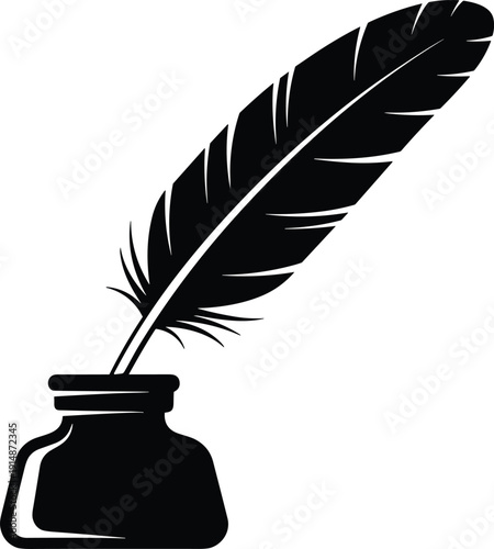 Quill pen and ink bottle silhouette icon symbolizing writing, literature, calligraphy, poetry, authorship and vintage publishing concept vector illustration