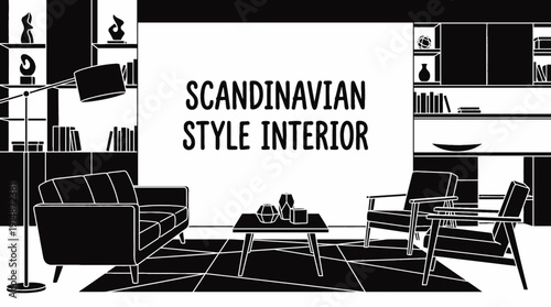 scandinavian style furniture interior decoration design in bright home living room space with modern sofa table chair lighting decor comfort