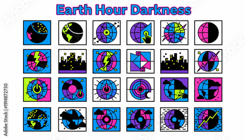 Earth Hour Darkness: Abstract Globe Icons, Energy Saving, Eco Concept