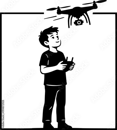 Black and white line art illustration of a young boy operating a drone with a remote control. Minimalist vector graphic of a child enjoying modern technology, quadcopter flight, and outdoor hobbies.