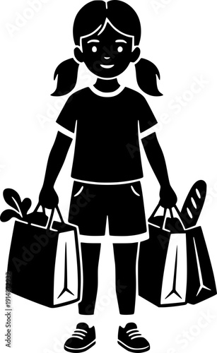 Black and white minimalist illustration of a young girl carrying heavy grocery bags. Stylized linocut vector art of a child helping with shopping, representing family chores, healthy eating, and daily