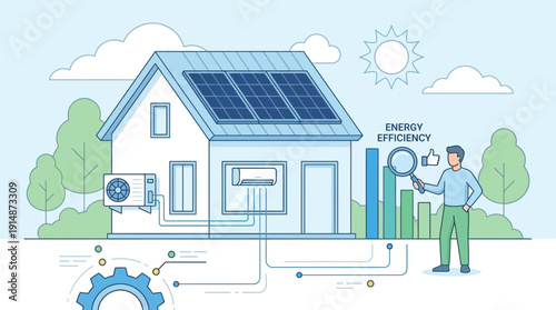 Sustainable Home Energy Efficiency System. Residential House with Solar Panels, Heat Pump HVAC, and Smart Technology Audit.