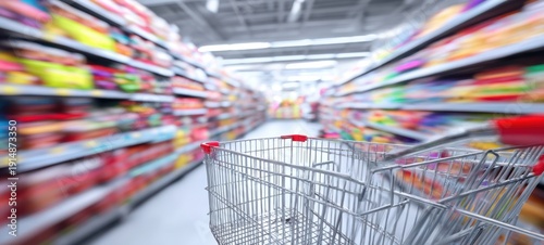 The shopping cart in a brightly lit supermarket aisle with motion blur