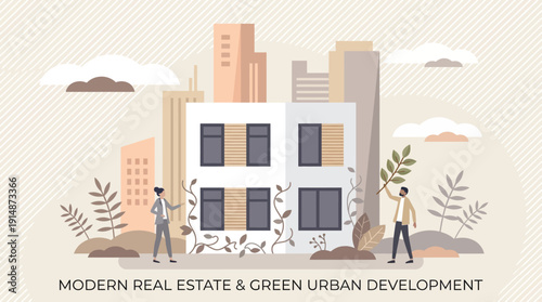 Sustainable Green Real Estate: Modern Eco-Friendly Apartment Building and Urban Development Concept Vector Illustration