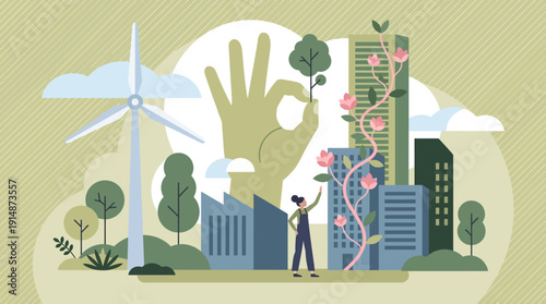 Sustainable City Development. Green Economy, Renewable Energy, and Eco-Friendly Urbanism. Vector Illustration.