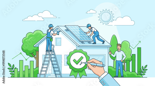 Solar Panel Installation on House Roof. Renewable Energy Certification, Green Technology Service, and Home Efficiency Improvement Vector Illustration.