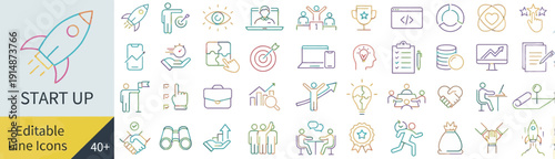 Collection of startup and business icons in various styles on a clean background, viewed from directly above
