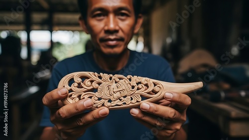 Man holding intricately carved wooden object.