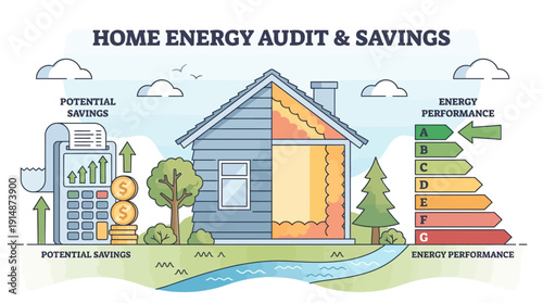 Home Energy Audit and Savings Concept. Vector Illustration of House Insulation, EPC Rating Scale (A-G), and Financial Cost Efficiency Optimization.