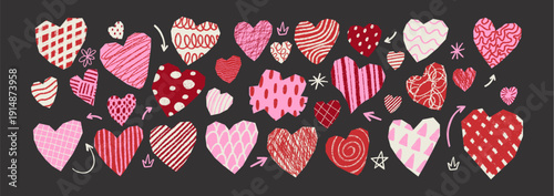 Hand-drawn heart collage with paper textures, torn sticker shapes, and crayon strokes. Vector cutout hearts in vintage scrapbook style. Vector illustration.
