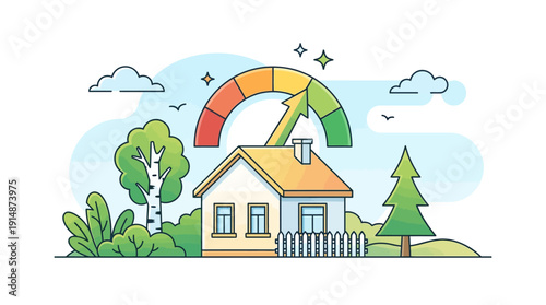 Home Efficiency Rating Gauge Showing High Score. Property Value Increase and Real Estate Performance Vector Illustration.