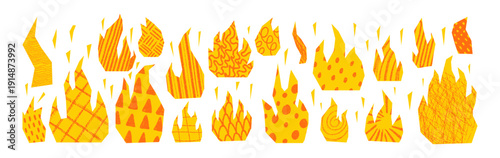 Grunge flame collection with doodle sketches. Fire geometric icons in chalk, pastel, and crayon texture. Perfect collage elements for punk graphics and rough textures. Vector illustration.