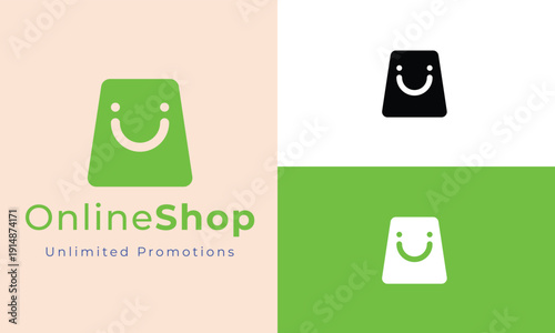 Happy shopping bag logo with smile face icon