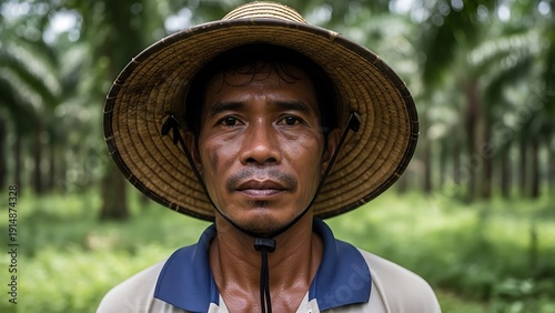 Man in Hat Standing in Palm Plantation.
