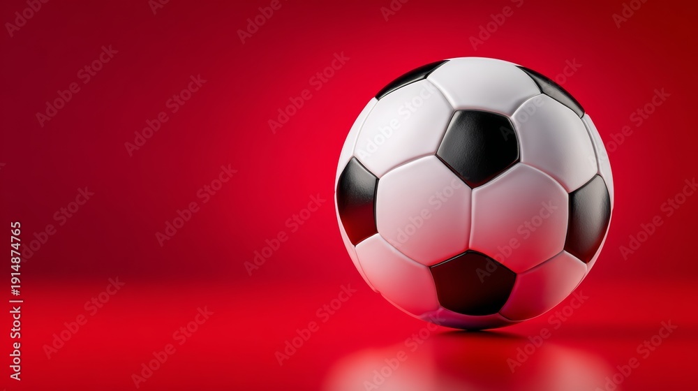 Fototapeta premium Classic black and white soccer ball resting on a smooth surface with a vibrant red background, showcasing its distinct pentagonal and hexagonal panels