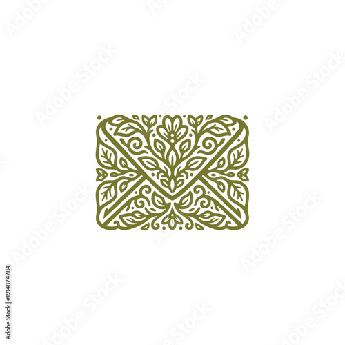 Eco-friendly envelope or mail silhouette illustration with decorative floral and leaf patterns, sustainable communication and green correspondence concept isolated on white background.