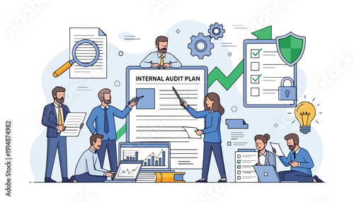 Business team collaborating on an internal audit plan, analyzing data and ensuring compliance.
