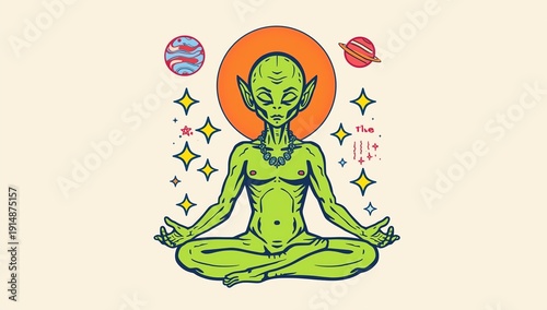 Groovy retro sci-fi hippie friendly green man alien in yoga lotus pose vector illustration isolated on white