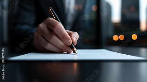 Close up of a hand signing a document with a fountain pen in an office setting at night