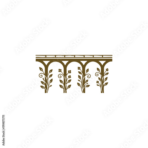 Ornate aqueduct or classic Roman bridge silhouette with decorative floral and leaf patterns, eco-friendly infrastructure and historical nature concept isolated on white background.