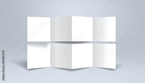 Blank white brochure, 8-panel foldout, studio shot, soft lighting