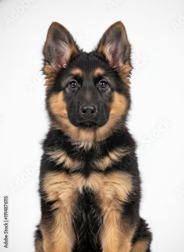 Wallpaper Mural A black and tan German Shepherd puppy sitting upright on a white background looking directly at the camera Torontodigital.ca