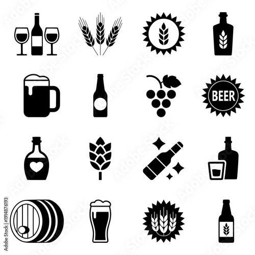 Black and white icons of beer, wine, and alcohol related items. set of wine icons