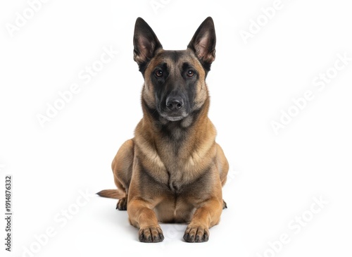 Wallpaper Mural A Belgian Malinois dog sitting calmly on a white floor, looking directly at the camera from a straight-on viewpoint Torontodigital.ca