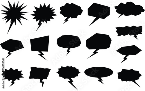 Black Comic Speech Bubble Silhouettes Set with Lightning Tails, Pop Art Dialogue Shapes, Empty Chat Box Vector Collection