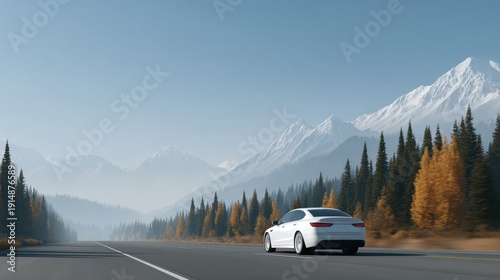 An autonomous car driving through a scenic highway