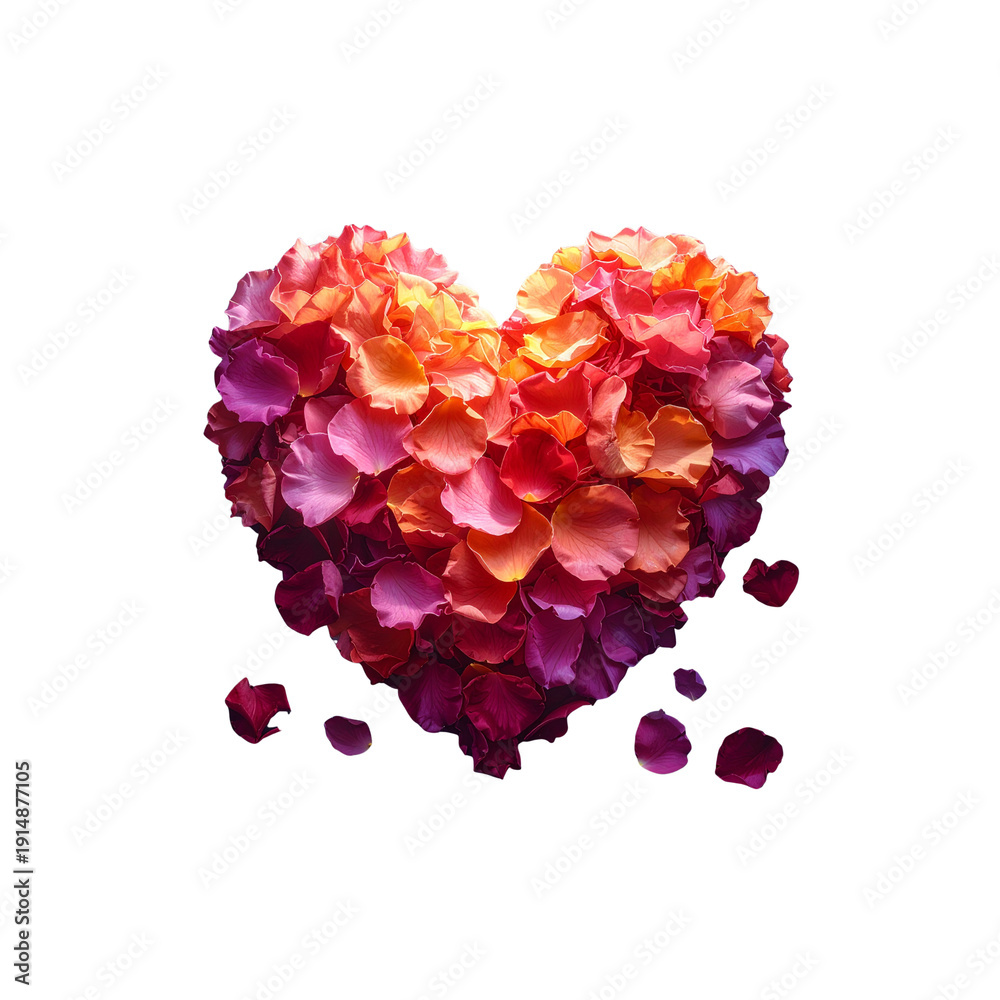 Fototapeta premium Red heart-shaped rose petals on a white background