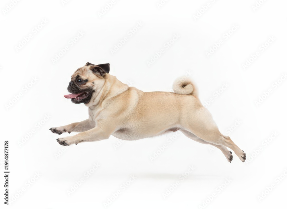Obraz premium A pug dog running in mid-air, captured from the side, showcasing its playful demeanor and energetic movement in a dynamic sports scene
