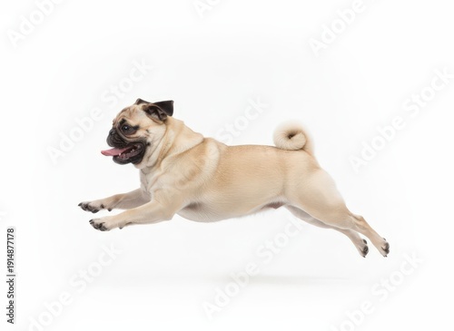 Wallpaper Mural A pug dog running in mid-air, captured from the side, showcasing its playful demeanor and energetic movement in a dynamic sports scene Torontodigital.ca