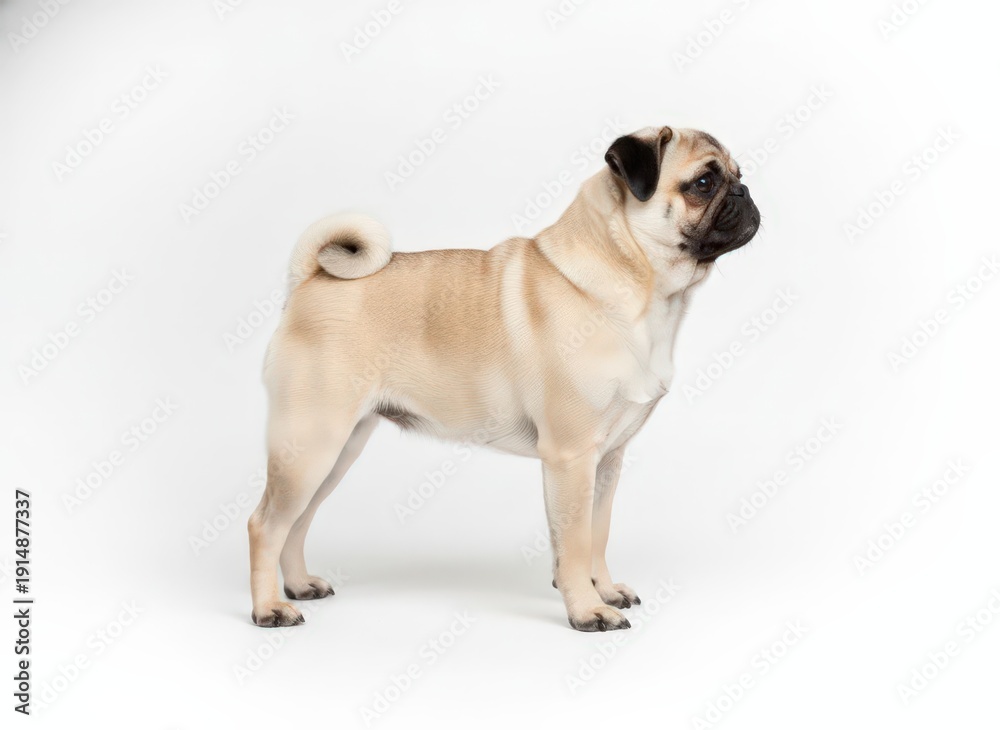 Obraz premium A standing pug viewed from the side on a white floor in a studio setting
