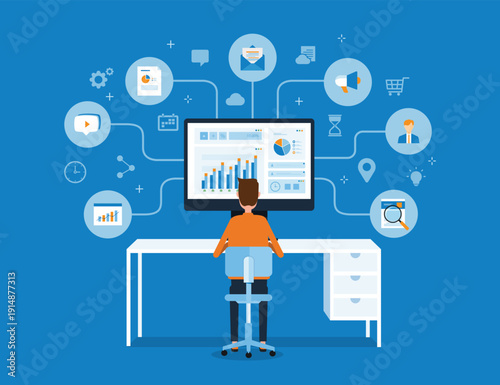flat vector illustration design online business management concept with admin team working on report graphs dashboards monitor for analyzing business data and  managing digital marketing concept  
