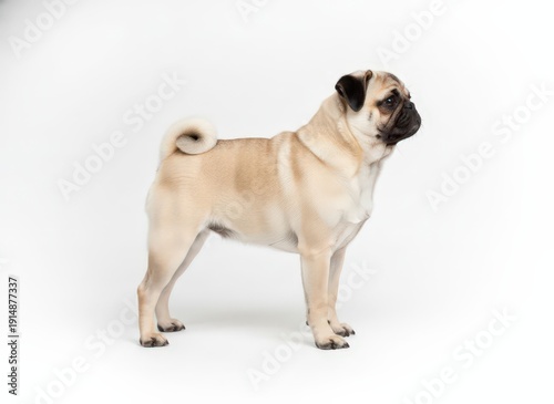 Wallpaper Mural A standing pug viewed from the side on a white floor in a studio setting Torontodigital.ca