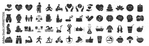 Wellness and healthy lifestyle line icon set, healthcare, fitness, yoga, nutrition, medical and therapy symbols on transparent background