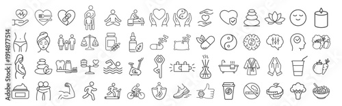 Wellness and healthcare line icon set, healthy lifestyle, fitness, yoga, nutrition and medical symbols on transparent background